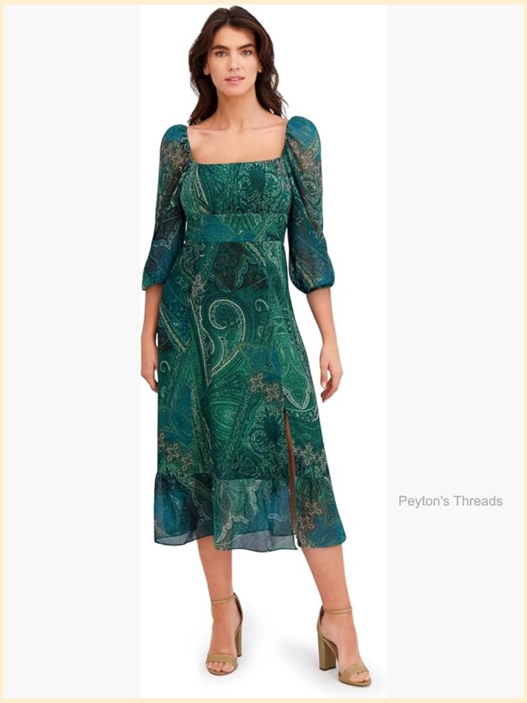 Square Neck 3/4 Sleeve A-Line Midi Dress - Wedding Guest